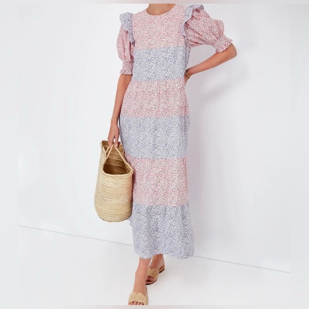 Tuckernuck Pink and Light Blue Floral Tiered Maxi Dress